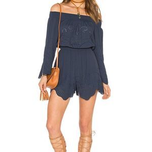 Astr The Label By Revolve Off Shoulder Sofia Romper in Navy